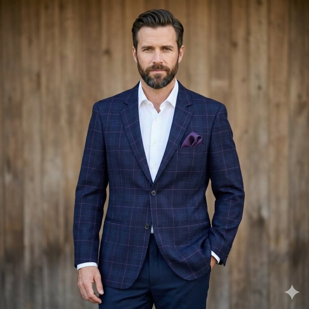 Rossetti Uomo Blue Plaid Suit Sport Coat Blazer Wool Super 150's Size 42R